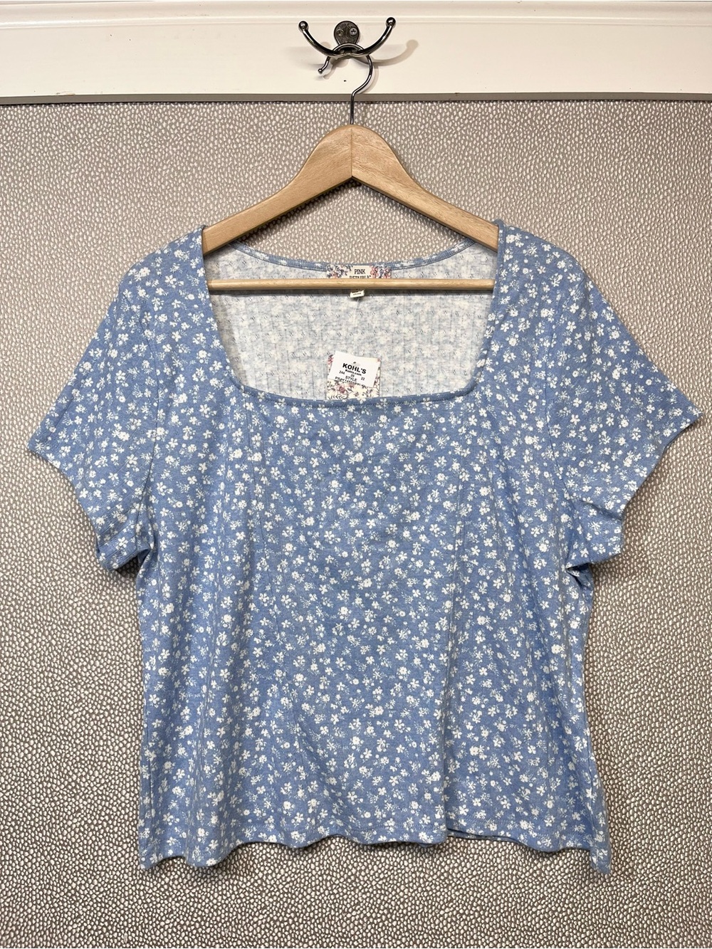 🆕 2X Pink Republic (Kohls) Blue Floral Square Neck Short Sleeve Cotton Top NWT